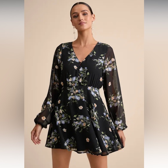 Lulu's Black Floral Long Sleeve Dress - Picture 1 of 1